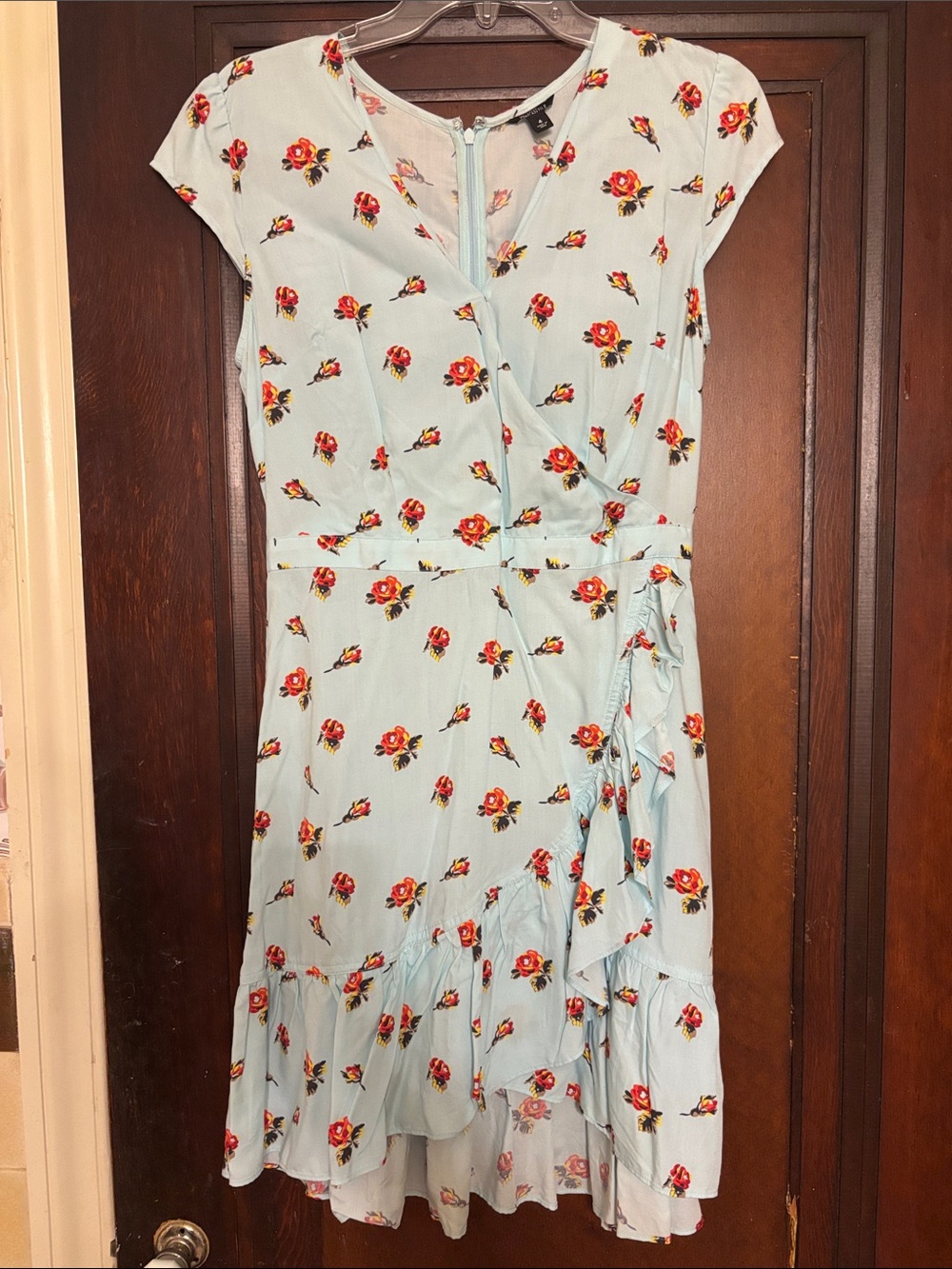 J. Crew Light Blue Midi Dress with Red Floral Print